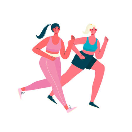 Running women dressed in sportswear isolated on a white background.Morning jogging. Active and healthy lifestyle. Sports competition, outdoor workout or exercise, athletics. Flat vector illustration.のイラスト素材