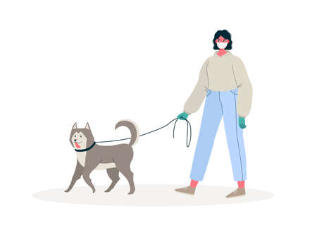 Woman in white medical protective face mask and medical gloves, walking with their dog . Coronavirus quarantine. Protect from novel coronavirus COVID-19 virus Cartoon flat vector illustration.のイラスト素材