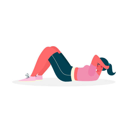 Woman doing crunches in sportswear in the gym. Belly burn workout. Girl make exercise. ABS workout. Woman activities. Healthy and active lifestyle. Flat cartoon vector illustration.のイラスト素材