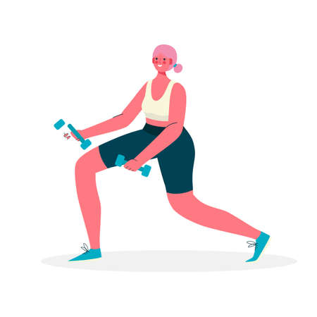 Woman in sportswear doing lunges with dumbbells for beautiful thighs and buttocks in Gym. Woman activities. Healthy lifestyle, Fitness , Workout, Wellness Concept. Cartoon flat vector illustration.のイラスト素材