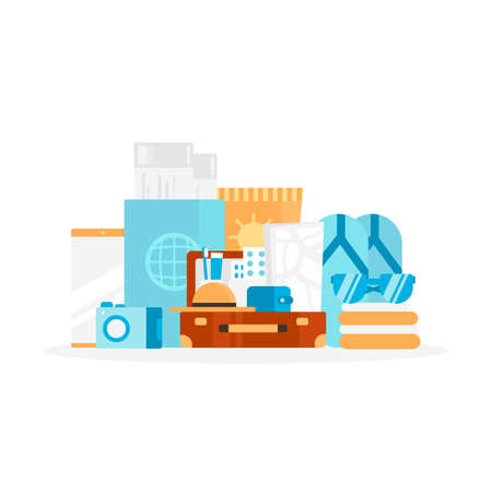 Open suitcase with things for travel or vacation on white background. Set of things for travel. Vector flat design illustration.のイラスト素材
