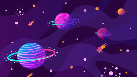 Vector illustration. Panoramic space wallpaper. Abstract concept. Gradient planets. Space exploration. Modern art graphics. Elements for web designのイラスト素材