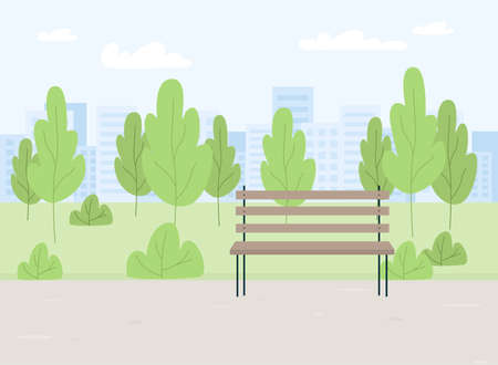 City summer spring park panorama with green trees, bench, walkway, path, city silhouette,. Town and city park landscape nature. Cartoon flat vector illustration.のイラスト素材
