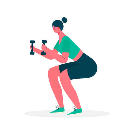 Woman doing exercise squat with dumbbells in sportswear. Woman get perfect butt and legs with exercise. Weight loss. Healthy lifestyle. Woman activities. Vector illustration in flat cartoon style.のイラスト素材