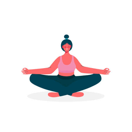 Young woman sitting in yoga lotus pose. Meditating girl illustration.Woman activities. Healthy Lifestyle. Vector illustration in flat cartoon style.のイラスト素材