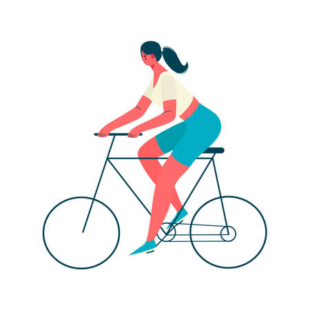 Woman riding bicycle . Cycling, training, cardio exercising, relaxing . Ecology concept. Sports and leisure outdoor activity. Healthy lifestyle. Vector illustration in flat cartoon style.のイラスト素材