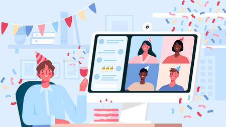 Online internet party, birthday, meeting friends. Birthday celebration in quarantine mode. Friends have fun in a video conference, chat. People drink wine together in quarantine. Vector illustrationのイラスト素材