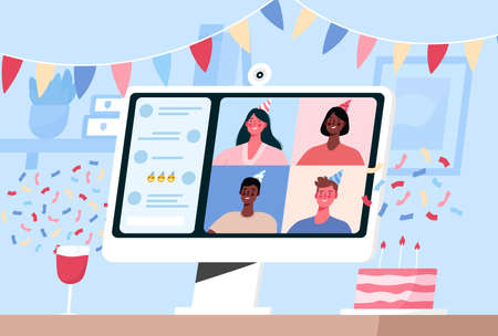 Online internet party, birthday, meeting friends. Birthday celebration in quarantine mode. Friends have fun in a video conference, chat. People drink wine together in quarantine. Vector illustrationのイラスト素材