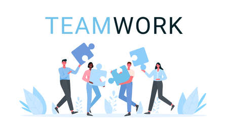 Puzzle teamwork. Business concept. Team metaphor. people connecting puzzle elements. Vector illustration flat design style. Symbol of teamwork, cooperation, partnershipのイラスト素材