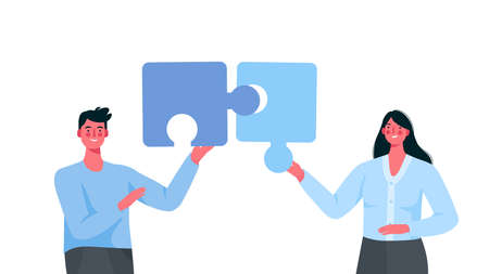 Puzzle relationship concept. Team metaphor. Couple connecting puzzle elements.Vector cartoon illustration. Relationship, friendship or coworkers. Man and woman on white isolated backgroundのイラスト素材