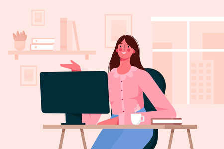 Remote work or online education concept. Woman working at home office, sitting at desk in room, looking at computer screen and talking with colleagues online. Home office. Flat vector illustrationのイラスト素材