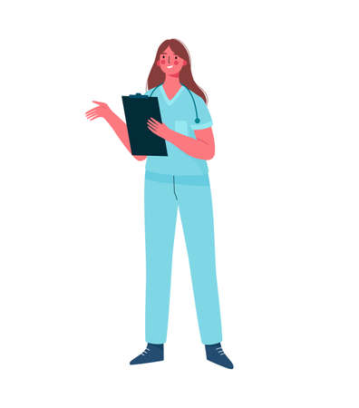Young professional woman doctor isolated on white background. Medical specialist. Medical staff doctor nurse therapist surgeon professional hospital worker. Cartoon flat vector illustrationのイラスト素材