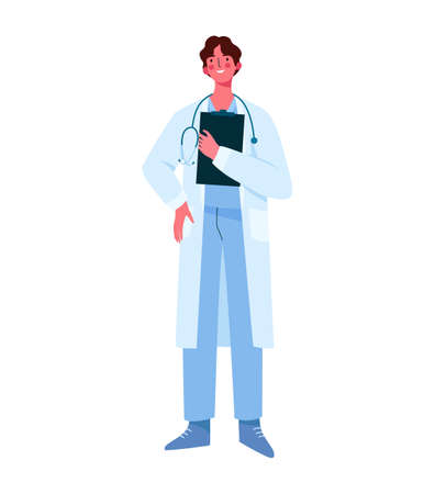 Young professional man doctor isolated on white background. Medical specialist. Medical staff doctor nurse therapist surgeon professional hospital worker. Cartoon flat vector illustrationのイラスト素材