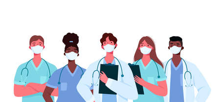 Coronavirus 2019-nCoV. Set of doctors characters in white medical face mask. Stop Coronavirus concept. Medical team doctor nurse therapist surgeon professional hospital workers, group of medicsのイラスト素材