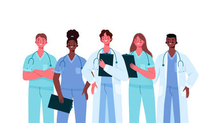 Set of doctors characters. Medical team concept in vector illustration design. Medical staff doctor nurse therapist surgeon professional hospital workers, group of medicsのイラスト素材