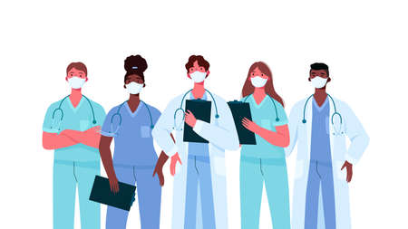 Coronavirus 2019-nCoV. Set of doctors characters in white medical face mask. Stop Coronavirus concept. Medical team doctor nurse therapist surgeon professional hospital workers, group of medicsのイラスト素材