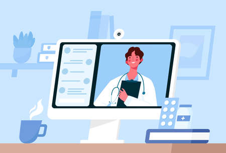 Online medical consultation, support. Online doctor. Healthcare services. Family male doctor with stethoscope on the computer screen. Vector illustration for websites landing page templatesのイラスト素材
