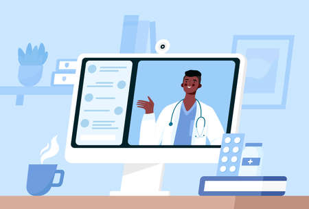 Online medical consultation, support. Online doctor. Healthcare services. Family male doctor with stethoscope on the computer screen. Vector illustration for websites landing page templatesのイラスト素材