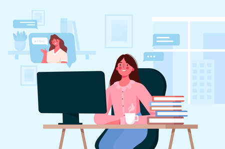 Kids characters learn remotely. Girl sitting at desk, looking at computer screen and Studying Online distance education. Home schooling by tutor or online teacher. Isolation at homeのイラスト素材