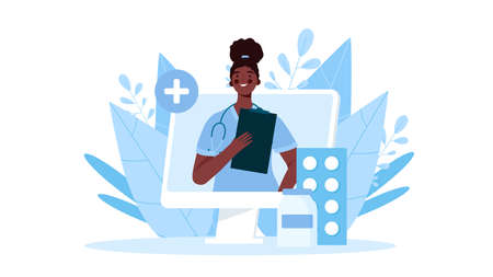 Online medical consultation, support. Online doctor. Healthcare services. Family female doctor with stethoscope on the laptop screen. Vector illustration for websites landing page templatesのイラスト素材