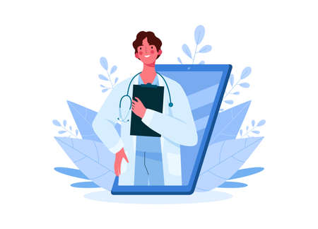 Online medical consultation, support. Online doctor. Healthcare services. Family male doctor with stethoscope on smartphone. Online medical advise or consultation service, tele medicine, cardiology.のイラスト素材