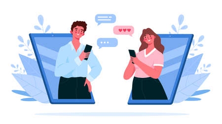 Virtual relationships, online dating, social networking concept during lockdown. Man and woman chatting online, meeting at dating app vector flat illustration. Couple chat on a cell phoneのイラスト素材