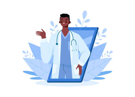 Online medical consultation, support. Online doctor. Healthcare services. Family male doctor with stethoscope on smartphone. Online medical advise or consultation service, tele medicine, cardiology.のイラスト素材