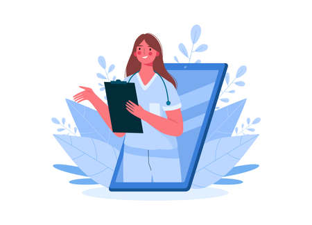 Online medical consultation, support. Online doctor. Healthcare services. Family male doctor with stethoscope on smartphone. Online medical advise or consultation service, tele medicine, cardiologyのイラスト素材