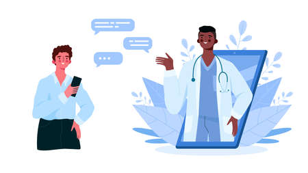 Online medical consultation, support. Online doctor. Healthcare services. Family male doctor with stethoscope on smartphone. Online medical advise or consultation service, tele medicine, cardiologyのイラスト素材