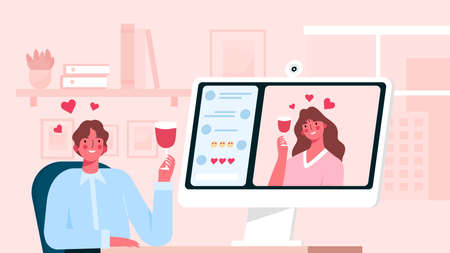 Virtual relationships. Online date during quarantine and self-isolation, woman talking and drinking wine with her partner via video chat, virtual relationship while distancing, man and woman in loveのイラスト素材