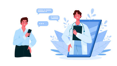 Online medical consultation, support. Online doctor. Healthcare services. Family male doctor with stethoscope on smartphone. Online medical advise or consultation service, tele medicine, cardiologyのイラスト素材
