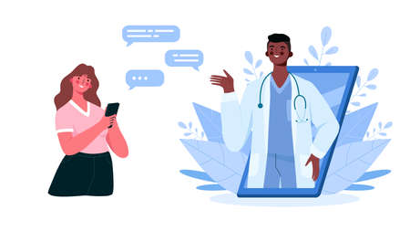 Online medical consultation, support. Online doctor. Healthcare services. Family male doctor with stethoscope on smartphone. Online medical advise or consultation service, tele medicine, cardiology.のイラスト素材