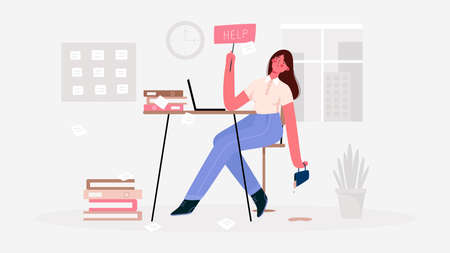 Emotional burnout woman, tired of the huge amount of work, sitting at her working place with laptop in office and holds the sign Help. Deadline, stress, depression at work.Hard work.Vector illustrationのイラスト素材