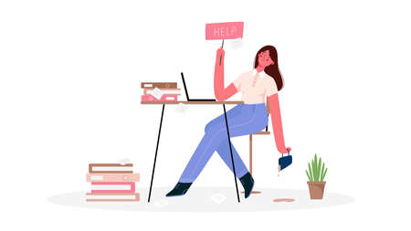 Emotional burnout woman, tired of the huge amount of work, sitting at her working place with laptop in office and holds the sign Help. Deadline, stress, depression at work.Hard work.Vector illustrationのイラスト素材