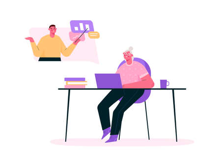 Senior education online. E-learning for old people. Senior woman studying, watching online courses on laptop, getting academic degree. Webinar, internet seminar. Vector isolated flat illustration.のイラスト素材