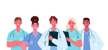 Set of doctors characters. Medical team concept in vector illustration design. Medical staff doctor nurse therapist surgeon professional hospital workers, group of medics.のイラスト素材