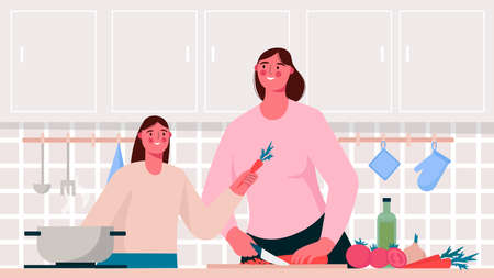 Home cooking. Family cooking healthy or vegetarian meal on table in the kitchen. Mother and kid cooking together. Mother teach daughter to cooking food. Flat cartoon vector illustration.のイラスト素材