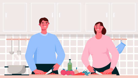 Home cooking. Family cooking healthy or vegetarian meal on table in the kitchen. Young loving couple cooking together. Husband and wife cutting vegetables. Cartoon flat vector illustration.のイラスト素材