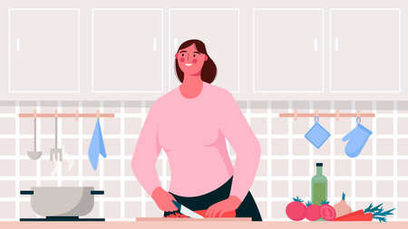 Home cooking. Woman cooking in kitchen. Young girl preparing healthy meals at home, making lunch or dinner, cutting vegetables. Pastime activity or culinary hobby. Flat colorful vector illustration.のイラスト素材