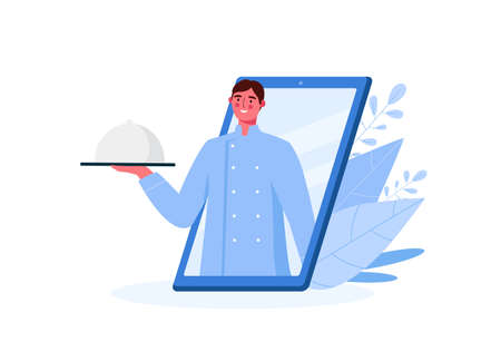 Online food delivery. Chef character looking out of phone and holding the dish. Online ordering food in a restaurant. Ordering takeaway food online on a smartphone. Flat cartoon vector illustration.のイラスト素材