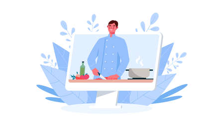Online culinary school. Online recipe, Man chef teaches cooking new recipe. Food Blog, channel. Video tutorial. Online education, distance learning, webinars. Flat Cartoon Vector Illustration.のイラスト素材
