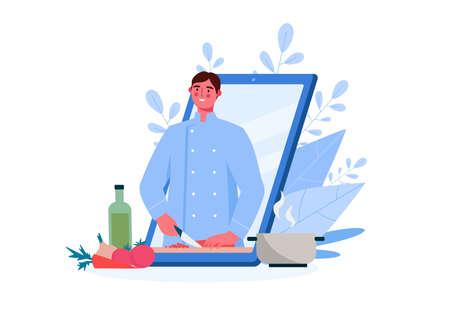 Online culinary school. Online recipe, Man chef teaches cooking new recipe. Food Blog, channel. Video tutorial. Online education, distance learning, webinars. Flat Cartoon Vector Illustration.のイラスト素材