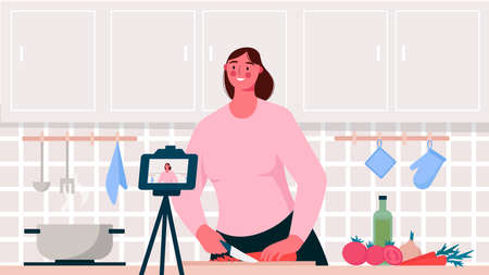 Food blogger. Chef cooking, recording video using camera. Online video channel, stream. Woman teaches cooking new recipe. Video tutorial, culinary show, vlog. Flat cartoon vector illustration.のイラスト素材