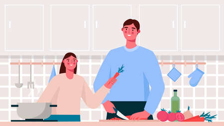 Home cooking. Family cooking healthy or vegetarian meal on table in the kitchen. Father and kid cooking together. Father teach daughter to cooking food. Flat cartoon vector illustration.のイラスト素材