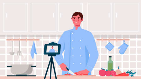 Food blogger. Chef cooking, recording video using camera. Online video channel, stream. Man teaches cooking new recipe. Video tutorial, culinary show, vlog. Flat cartoon vector illustrationのイラスト素材