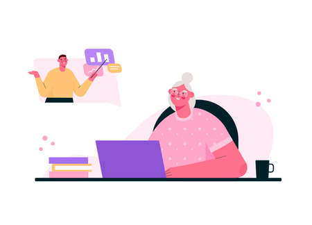 Senior education online. E-learning for old people. Senior woman studying, watching online courses on laptop, getting academic degree. Webinar, internet seminar. Vector isolated flat illustration.のイラスト素材