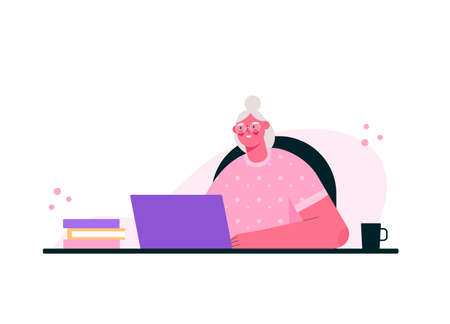 Remote work or senior education online. Old woman working at home office, sitting at desk in room, looking at computer screen and talking with colleagues online. Home office. Flat vector illustration.のイラスト素材
