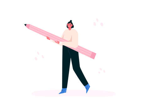 Woman holding big pencil. Creative girl. Artist, painter, designer. Art school or design studio, startup concept. Artist's workshop poster, banner, flyer, ad, landing page. Vector flat illustrationのイラスト素材