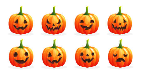 Set of spooky Halloween pumpkins with various face. Orange pumpkins with emotions on white background. Autumn holidays. Template for greeting card poster, brochure, flyer. Vector cartoon illustration.のイラスト素材