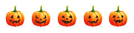 Set of spooky Halloween pumpkins with various face. Orange pumpkins with emotions on white background. Autumn holidays. Template for greeting card poster, brochure, flyer. Vector cartoon illustration.のイラスト素材